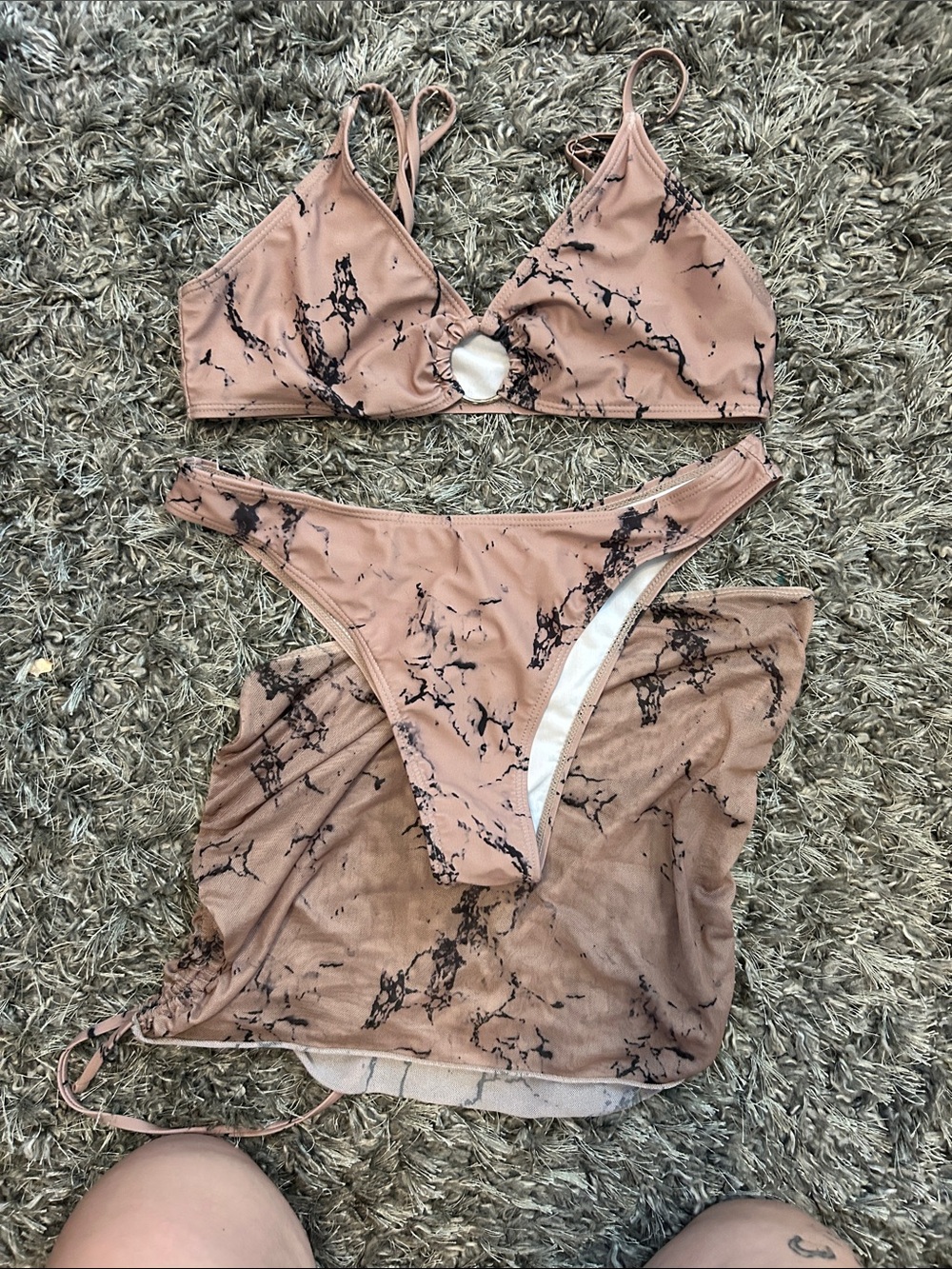 Marble Print 3pc Bikini Set with Ring Accent